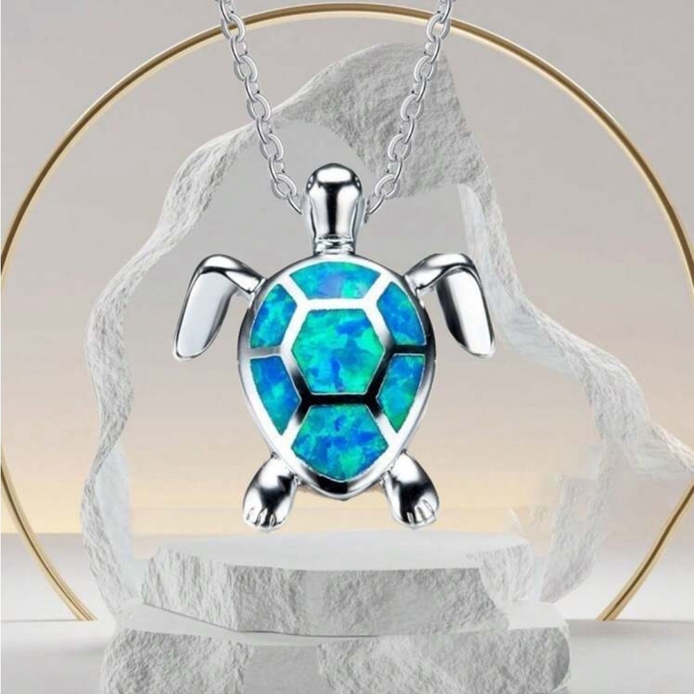 Silver Turtle Pendant Necklace with Blue And Green Iridescent Accents